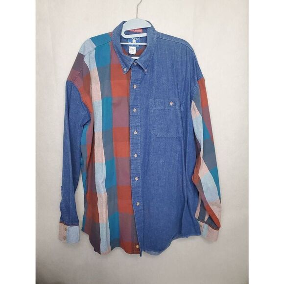 Vintage Texas Cotton Denim Plaid Men's Button Down Ranch Western Long Tail Shirt